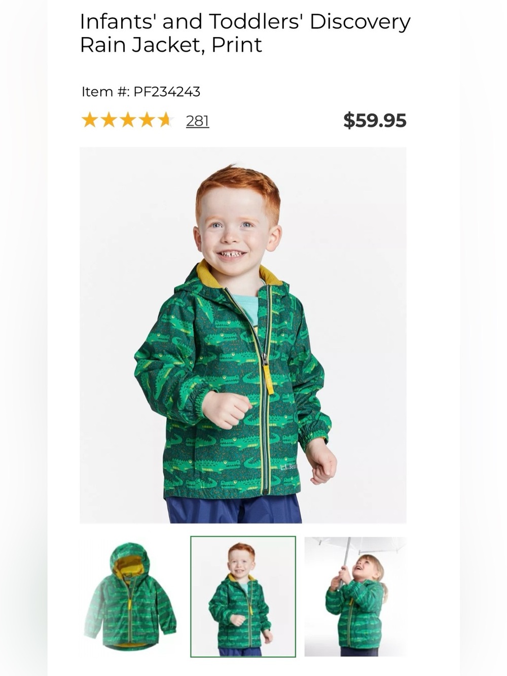 L.L. Bean Green Print Toddler Hooded Rain Jacket with Yellow Trim